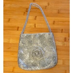 Vtg Silver Beaded Evening Bag Rosette Chain Strap Mid Century Hato Hasi Clasp